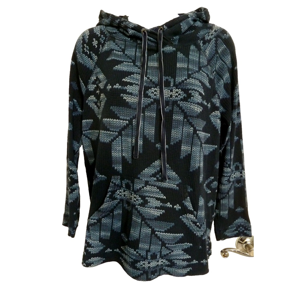Chaps Womens Medium Blue Southwestern Waffle Knit Hoodie Pouch Pullover Top